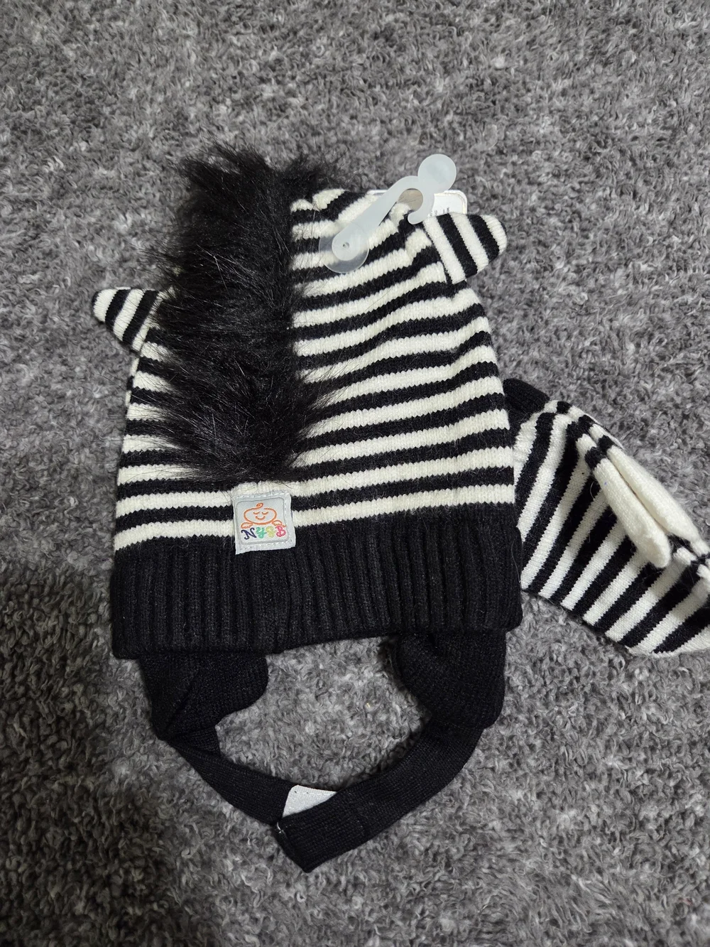 Striped Black & White Knit Earflap Hat with Matching Mittens